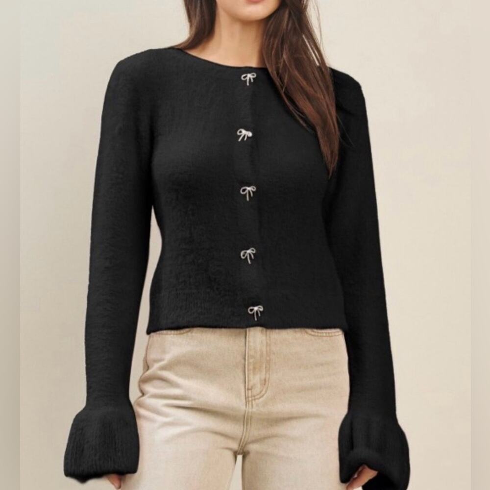 Black Cardigan with Rhinestone and Pearl Bow Buttons